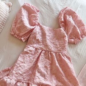 Miss selfridge jacquard puff sleeve dress in pink